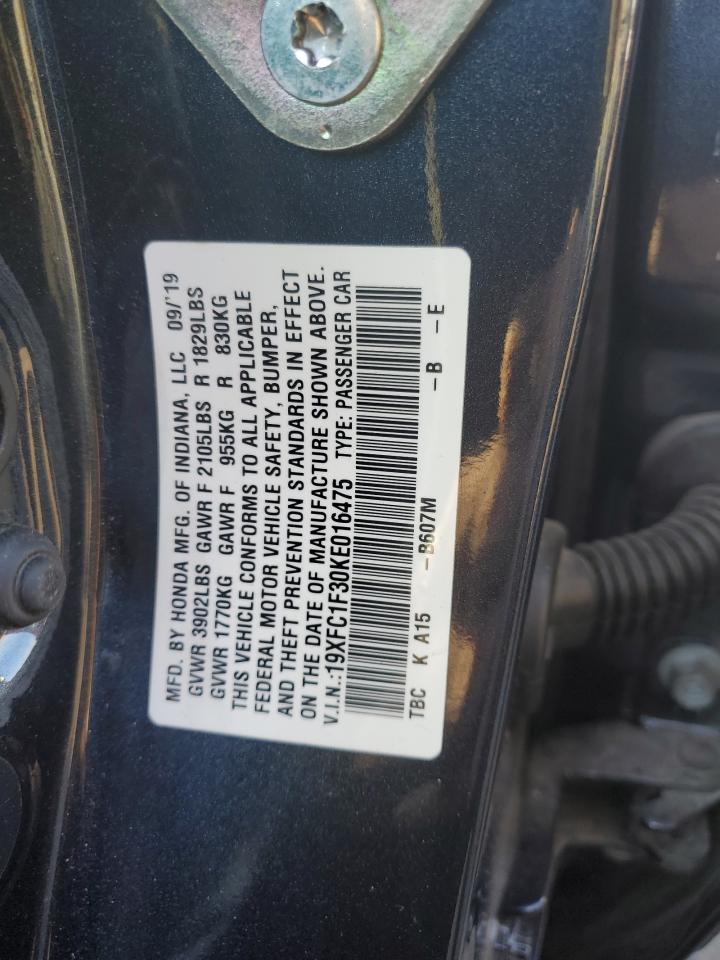 2019 Honda Civic VIN 19XFC1F30KE016475 Copart auction photo, front end / rear end damage thumbnail 13