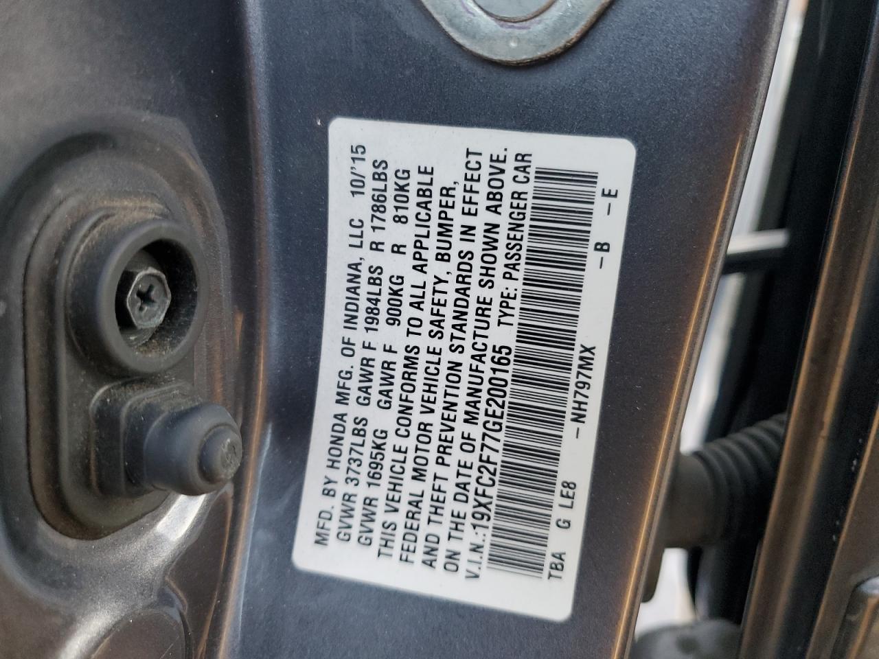 2016 Honda Civic VIN 19XFC2F77GE200165 Copart auction photo, rear end / side damage thumbnail 15