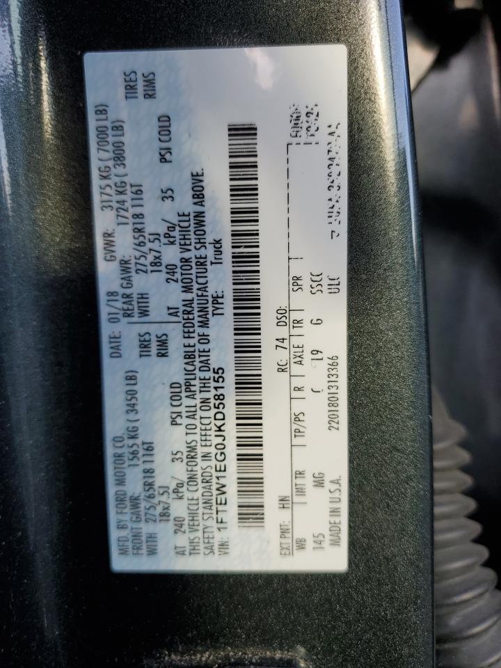 2018 Ford F-150 VIN 1FTEW1EG0JKD58155 Copart auction photo, front end / rear end damage thumbnail 12