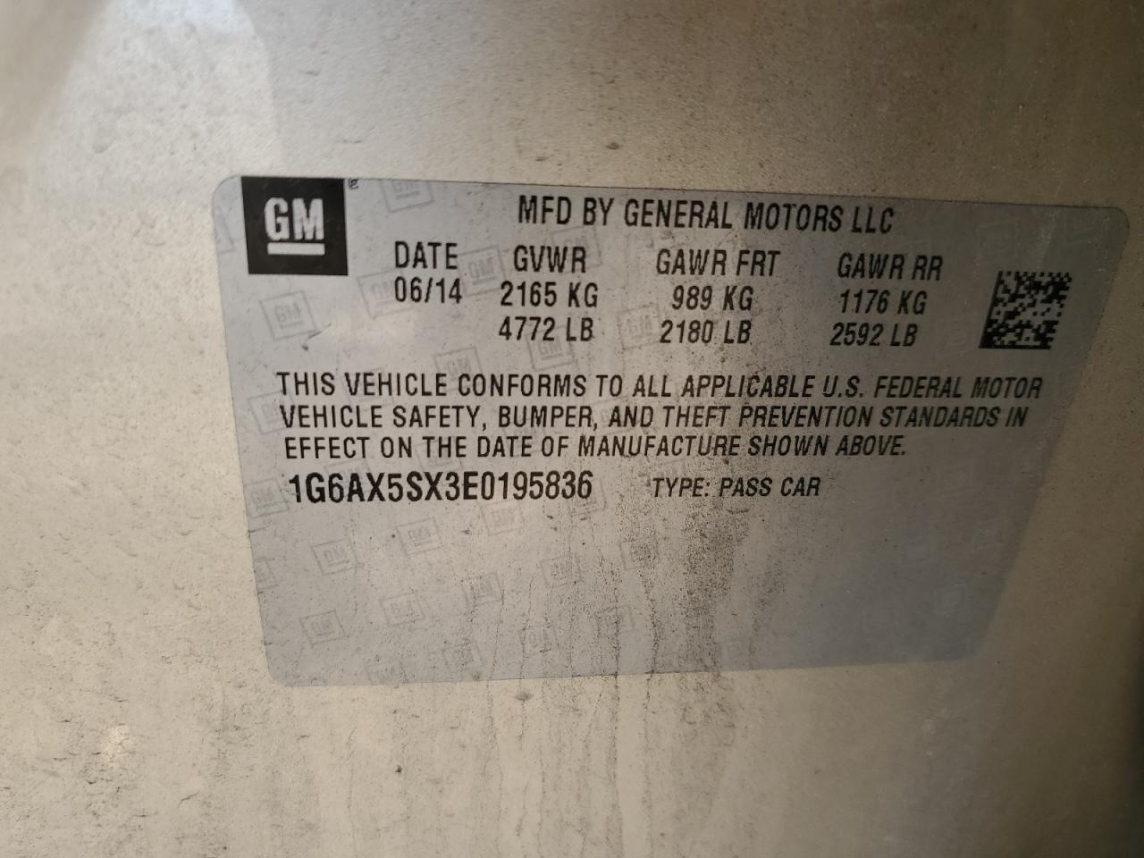 2014 Cadillac CTS VIN 1G6AX5SX3E0195836 Copart auction photo, rear end / front end damage thumbnail 12