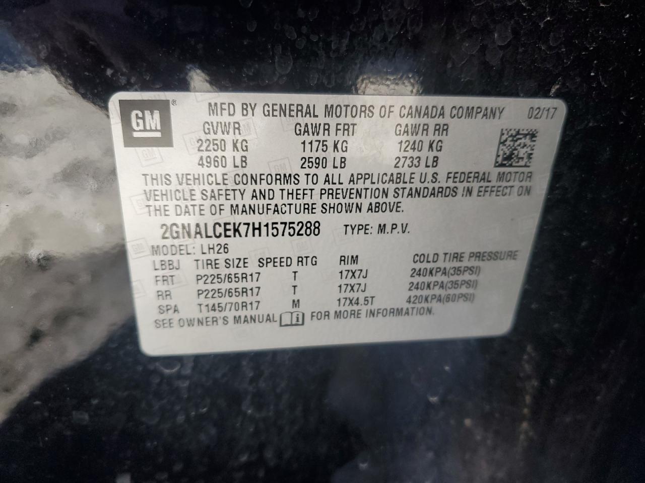 2017 Chevrolet Equinox VIN 2GNALCEK7H1575288 Copart auction photo, front end damage thumbnail 13