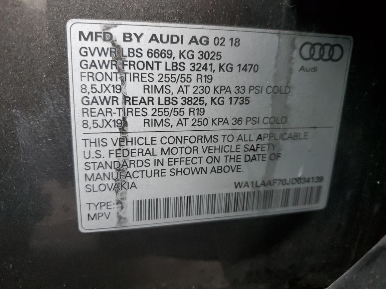 2018 Audi Q7 VIN WA1LAAF70JD034139 Copart auction photo, front end damage thumbnail 13