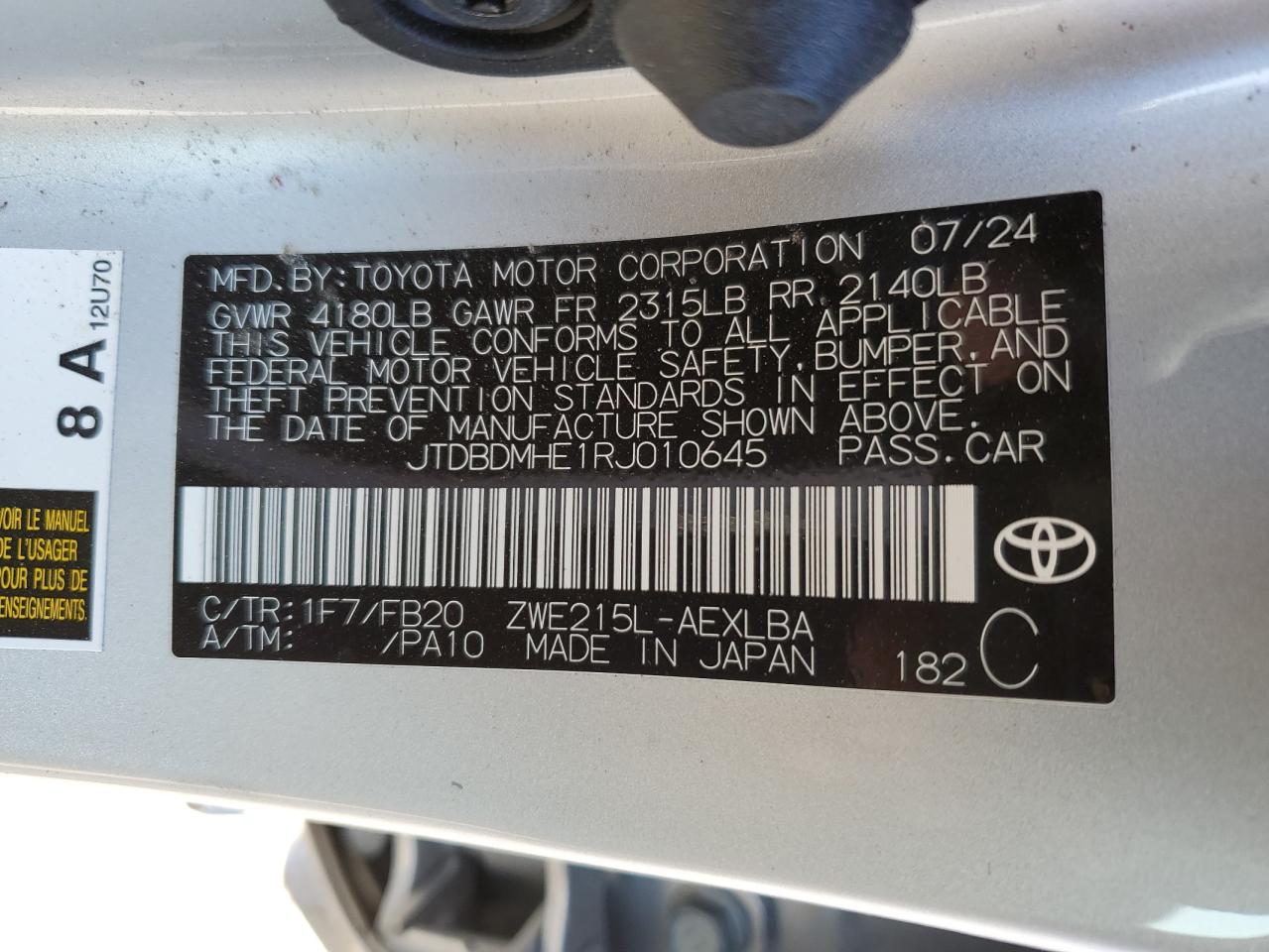 2024 Toyota Corolla VIN JTDBDMHE1RJ010645 Copart auction photo, side / front end damage thumbnail 12