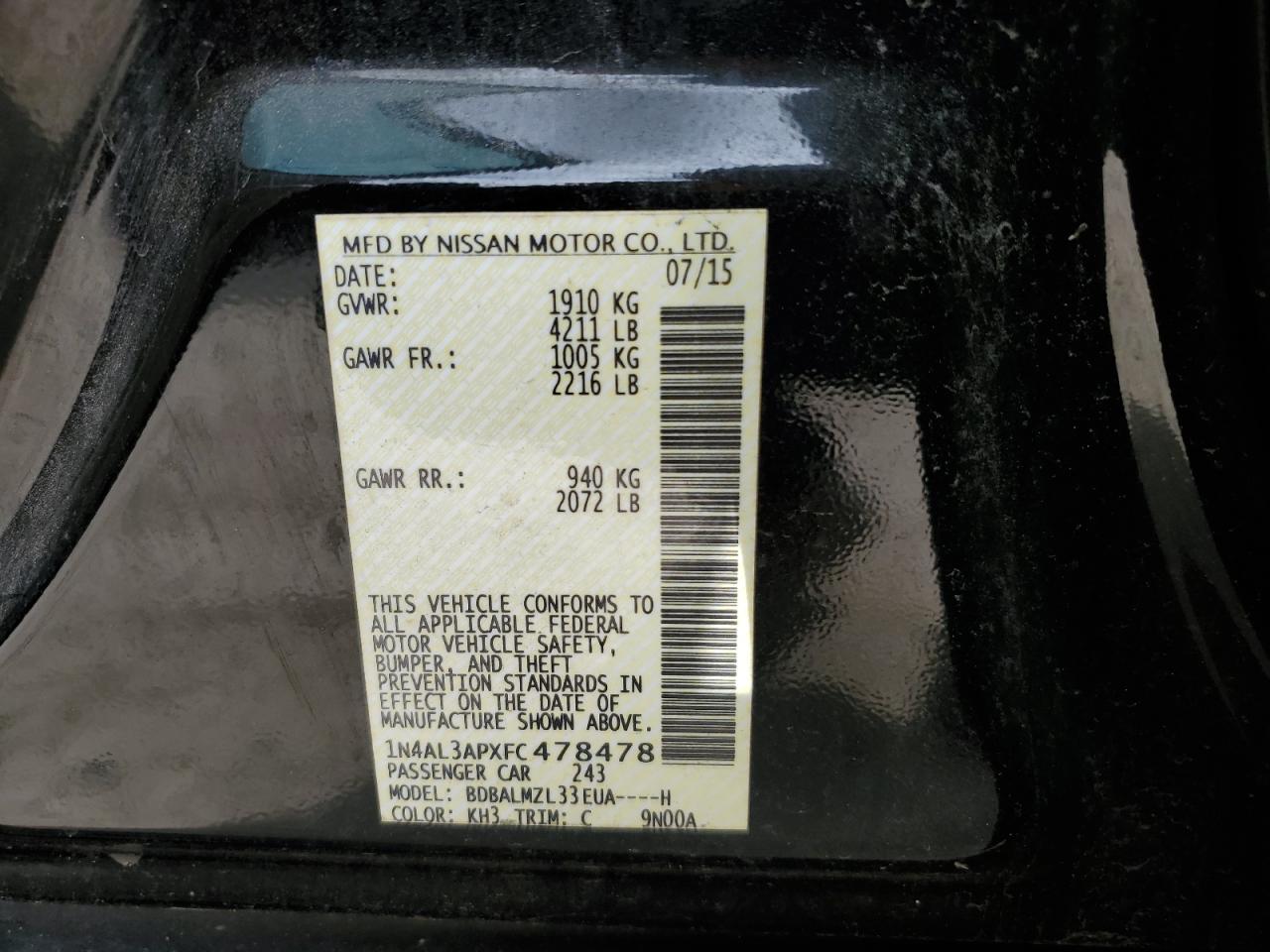 2015 Nissan Altima VIN 1N4AL3APXFC478478 Copart auction photo, biohazard/chemical damage thumbnail 13