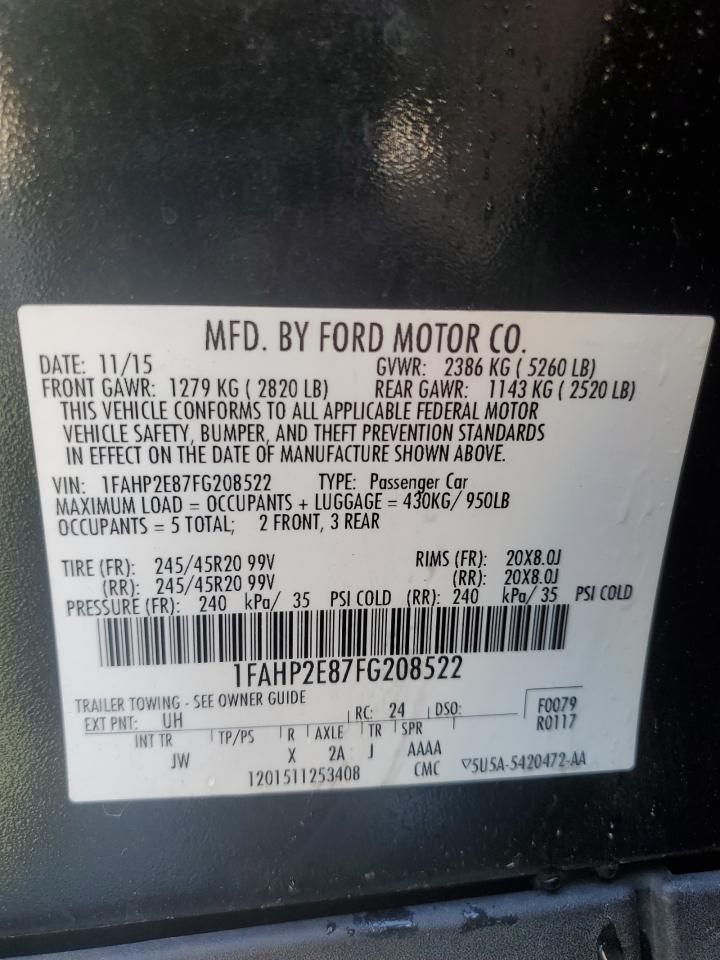 2015 Ford Taurus VIN 1FAHP2E87FG208522 Copart auction photo, side damage thumbnail 13