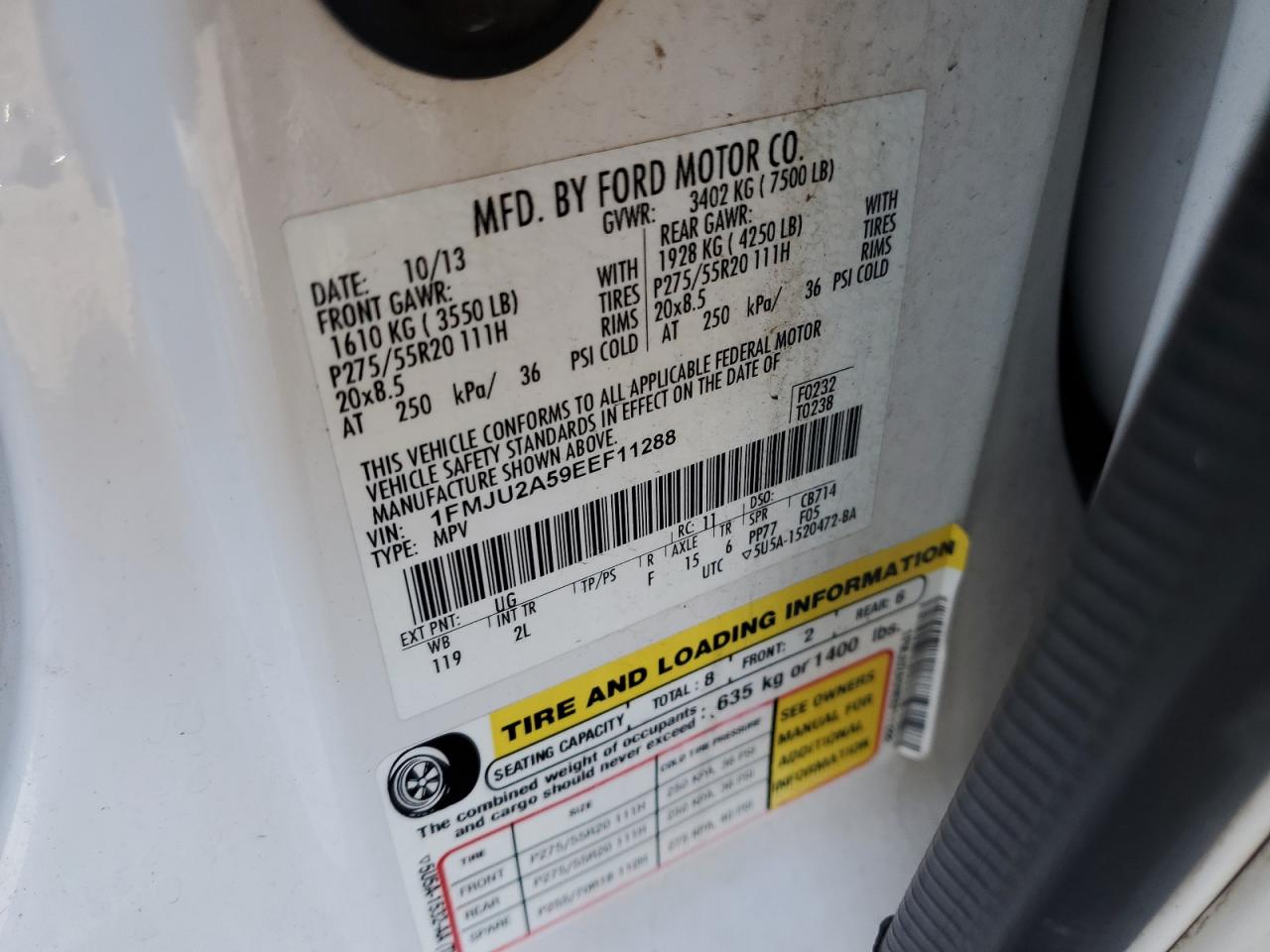 2014 Ford Expedition VIN 1FMJU2A59EEF11288 Copart auction photo, front end / side damage thumbnail 15