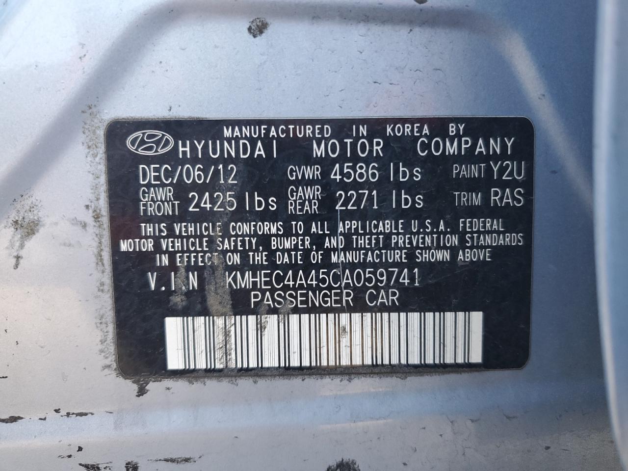 2012 Hyundai Sonata VIN KMHEC4A45CA059741 Copart auction photo, side / minor dent/scratches damage thumbnail 12