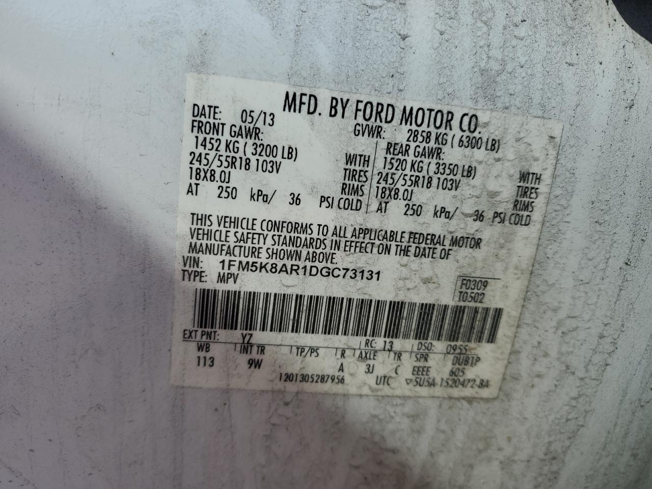 2013 Ford Explorer VIN 1FM5K8AR1DGC73131 Copart auction photo, mechanical damage thumbnail 13