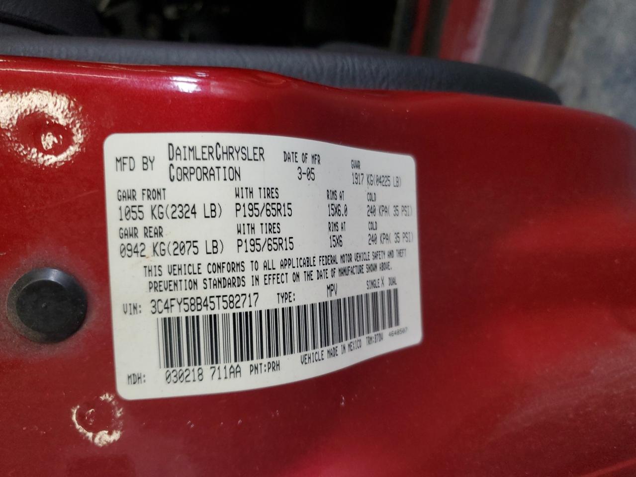 2005 Chrysler PT Cruiser VIN 3C4FY58B45T582717 Copart auction photo, front end damage thumbnail 13