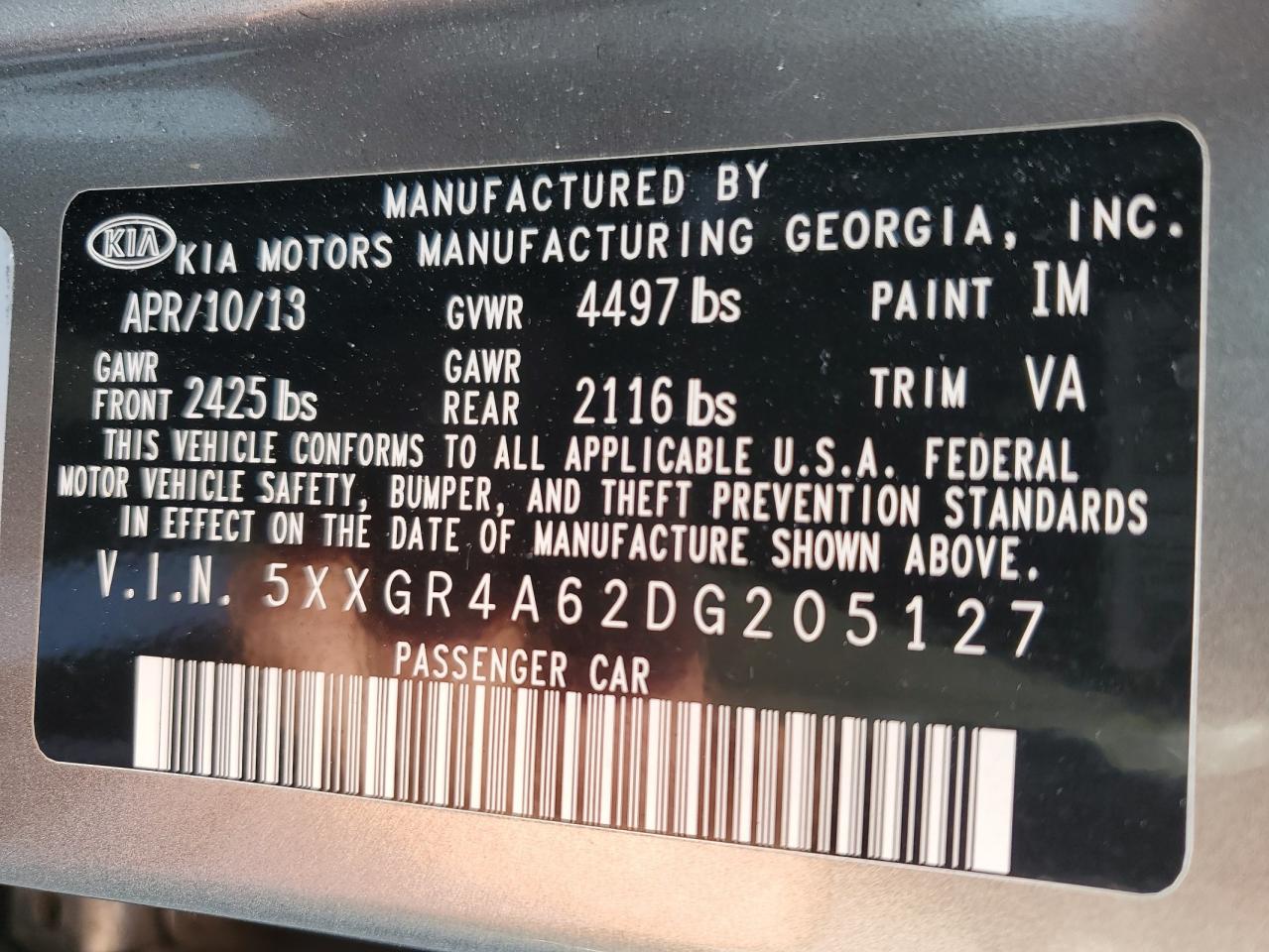 2013 KIA Optima VIN 5XXGR4A62DG205127 Copart auction photo, mechanical damage thumbnail 12