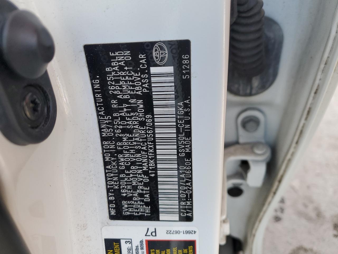 2015 Toyota Camry VIN 4T1BK1FKXFU567069 Copart auction photo, front end damage thumbnail 12