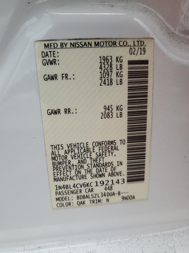 2019 Nissan Altima VIN 1N4BL4CV6KC192143 Copart auction photo, all over damage thumbnail 12