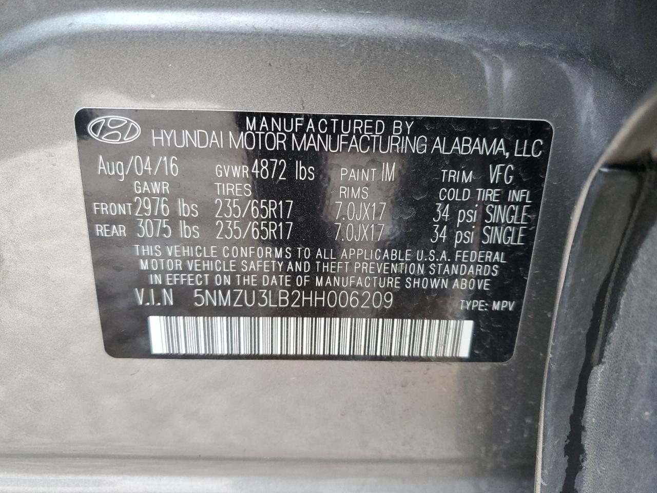 2017 Hyundai Santa Fe VIN 5NMZU3LB2HH006209 Copart auction photo, front end damage thumbnail 13