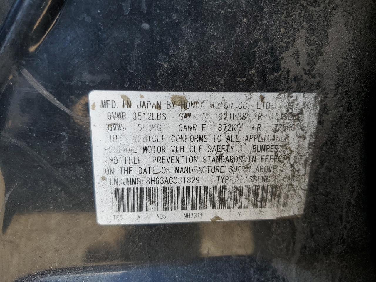 2010 Honda Fit VIN JHMGE8H63AC031829 Copart auction photo, side damage thumbnail 12