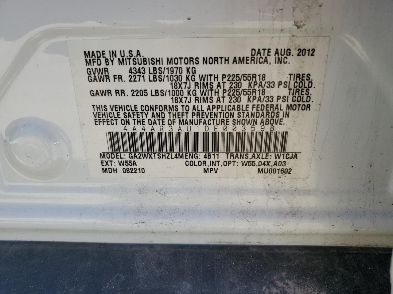 2013 Mitsubishi Outlander VIN 4A4AR3AU1DE003598 Copart auction photo, rollover damage thumbnail 13
