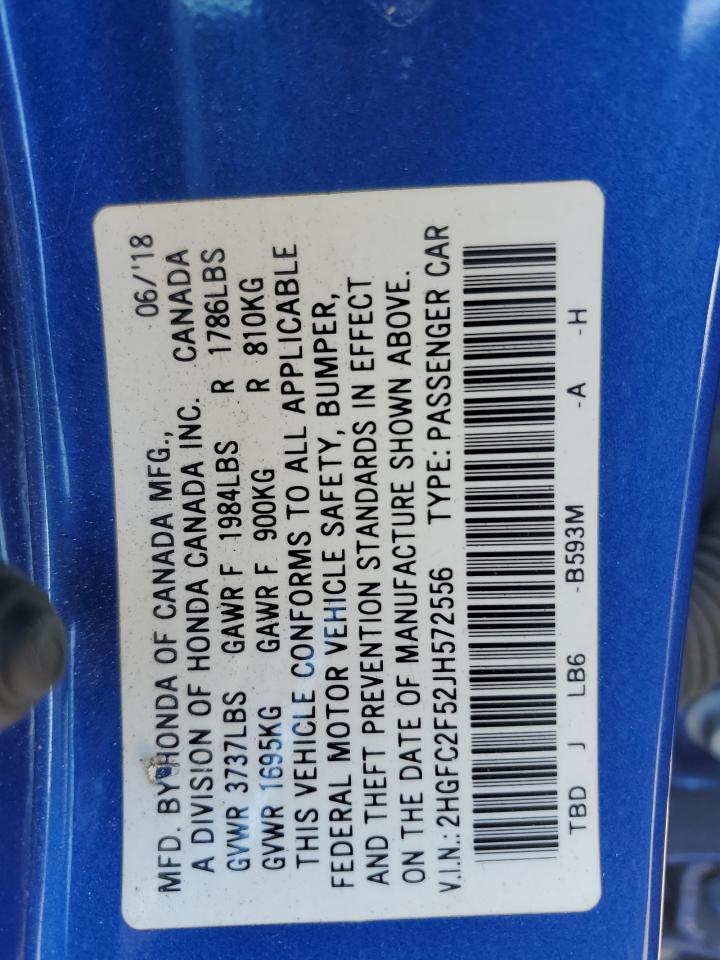 2018 Honda Civic VIN 2HGFC2F52JH572556 Copart auction photo, rear end damage thumbnail 13