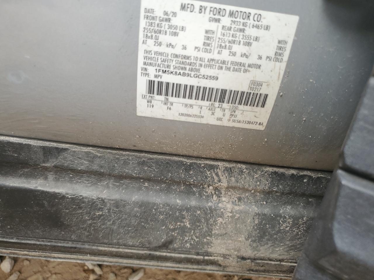 2020 Ford Explorer VIN 1FM5K8AB9LGC52559 Copart auction photo, side / front end damage thumbnail 13