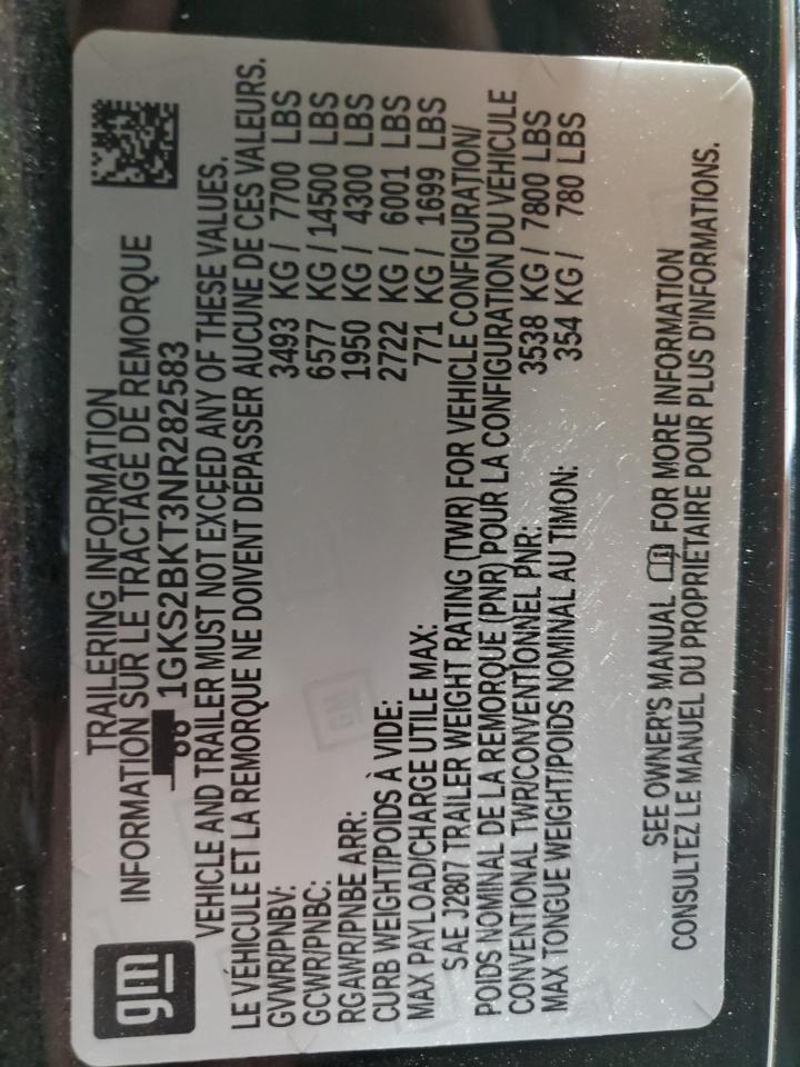 2022 GMC Yukon VIN 1GKS2BKT3NR282583 Copart auction photo, front end damage thumbnail 14