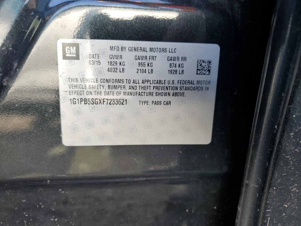 2015 Chevrolet Cruze VIN 1G1PB5SGXF7233621 Copart auction photo, front end damage thumbnail 12