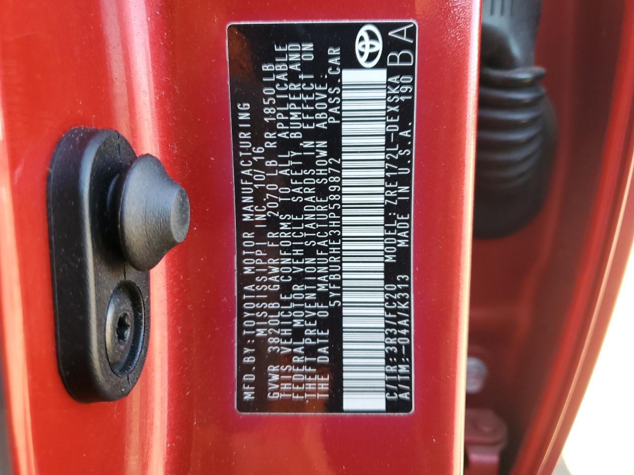 2017 Toyota Corolla VIN 5YFBURHE3HP589872 Copart auction photo, rear end damage thumbnail 14