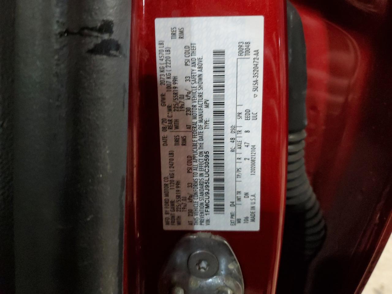 2020 Ford Escape VIN 1FMCU9J95LUC30595 Copart auction photo, side damage thumbnail 13