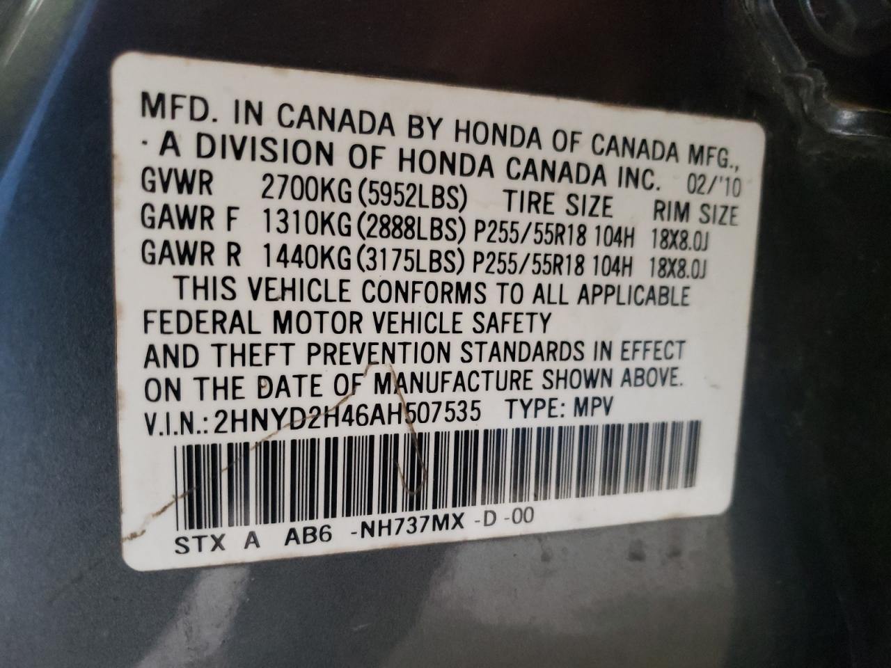 2010 Acura MDX VIN 2HNYD2H46AH507535 Copart auction photo, minor dent/scratches damage thumbnail 13