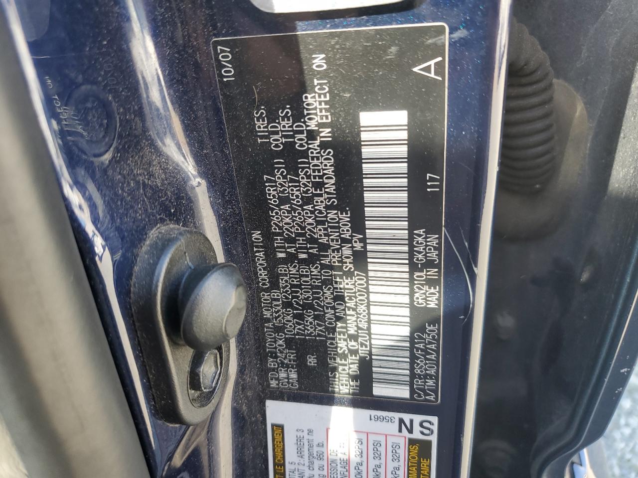 2008 Toyota 4Runner VIN JTEZU14R68K007007 Copart auction photo, mechanical / damage history damage thumbnail 13