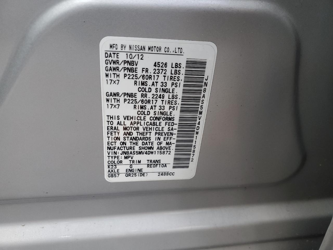 2013 Nissan Rogue VIN JN8AS5MV4DW115872 Copart auction photo, front end damage thumbnail 13