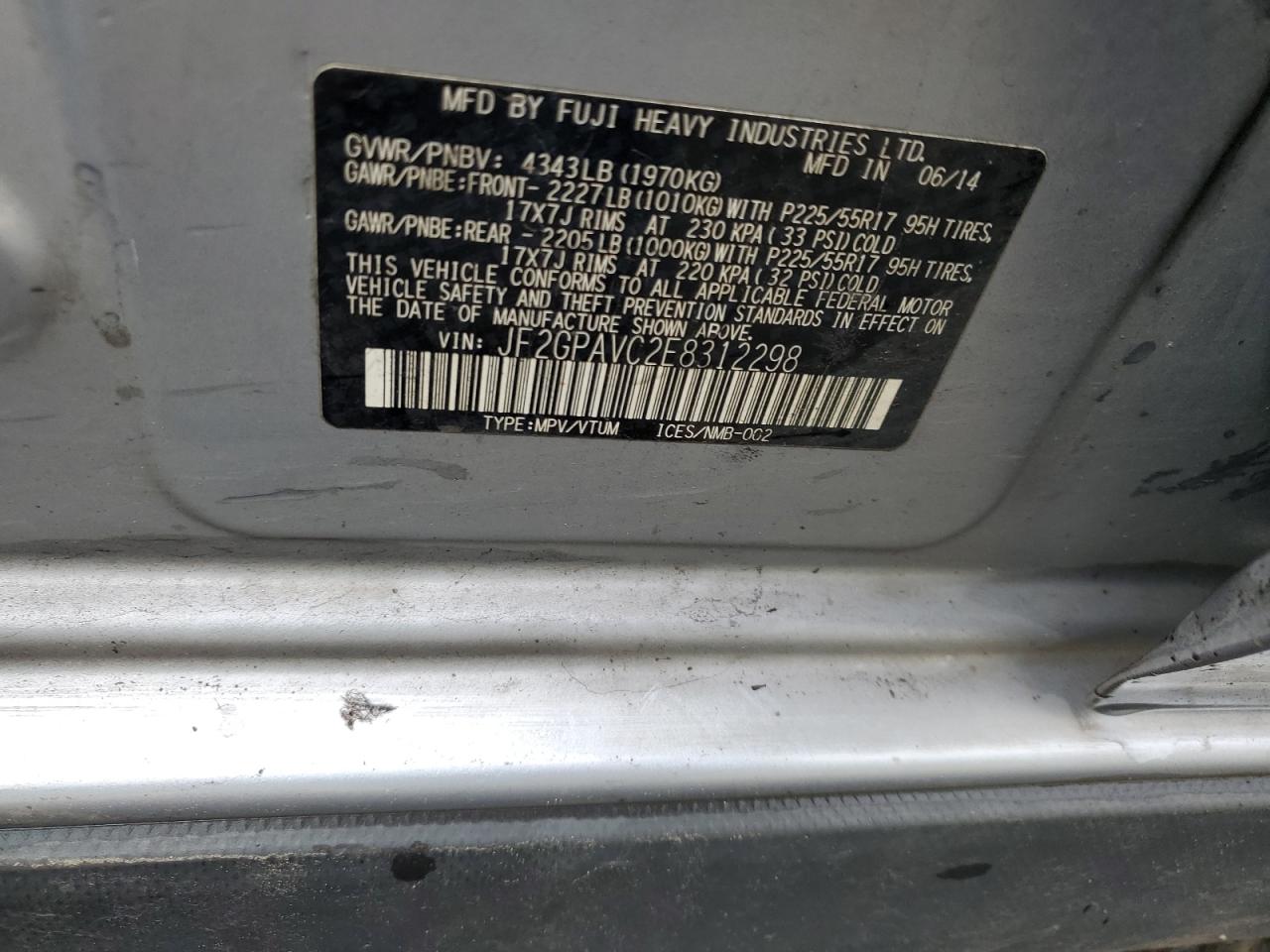 2014 Subaru XV VIN JF2GPAVC2E8312298 Copart auction photo, front end / side damage thumbnail 14