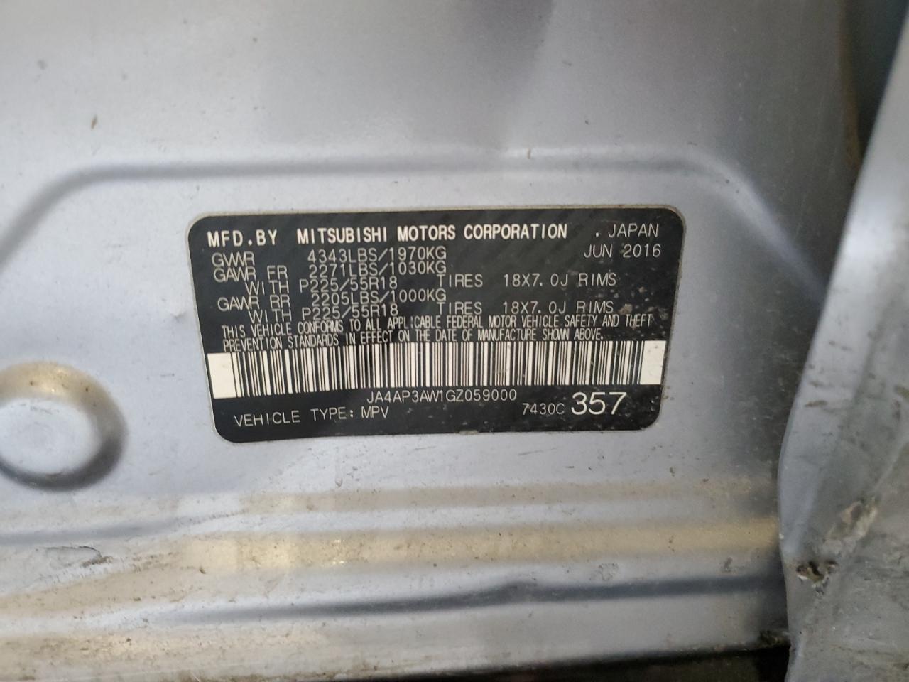 2016 Mitsubishi Outlander VIN JA4AP3AW1GZ059000 Copart auction photo, side / minor dent/scratches damage thumbnail 13