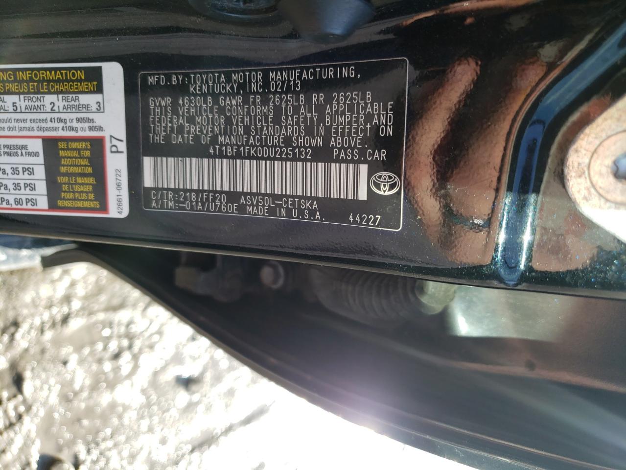 2013 Toyota Camry VIN 4T1BF1FK0DU225132 Copart auction photo, front end damage thumbnail 12