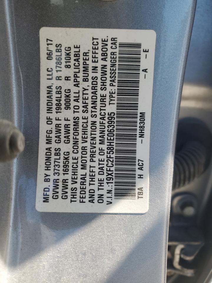 2017 Honda Civic VIN 19XFC2F58HE063995 Copart auction photo, front end damage thumbnail 14
