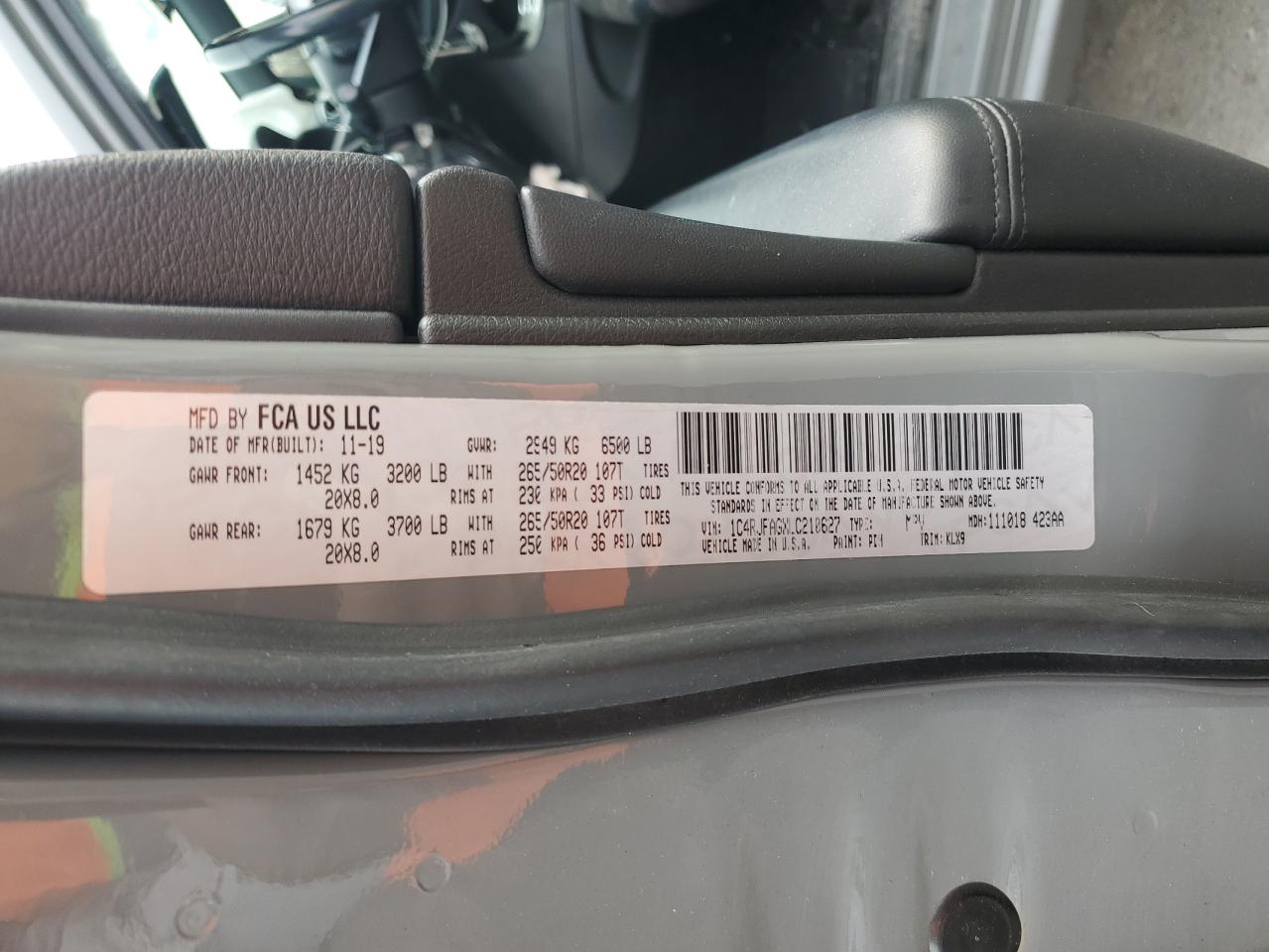 2020 Jeep Grand Cherokee VIN 1C4RJFAGXLC210627 Copart auction photo, front end damage thumbnail 15