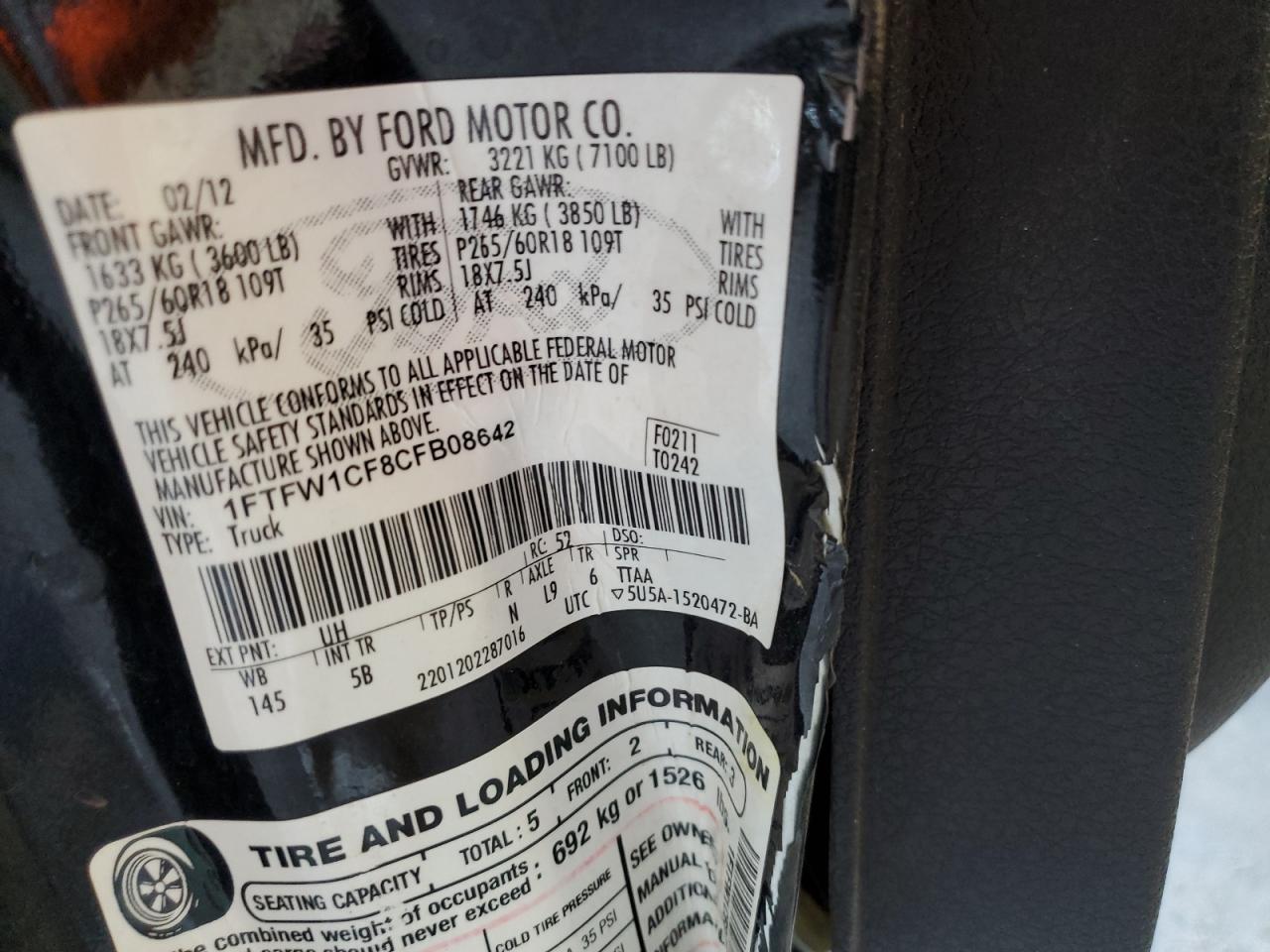 2012 Ford F-150 VIN 1FTFW1CF8CFB08642 Copart auction photo, side / hail damage thumbnail 14