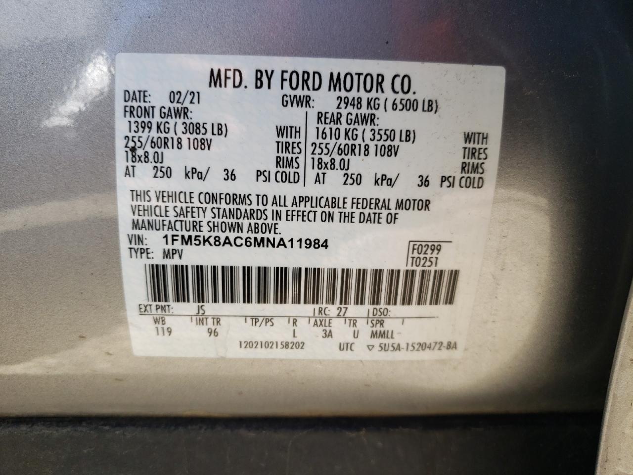 2021 Ford Explorer VIN 1FM5K8AC6MNA11984 Copart auction photo, all over / undercarriage damage thumbnail 13