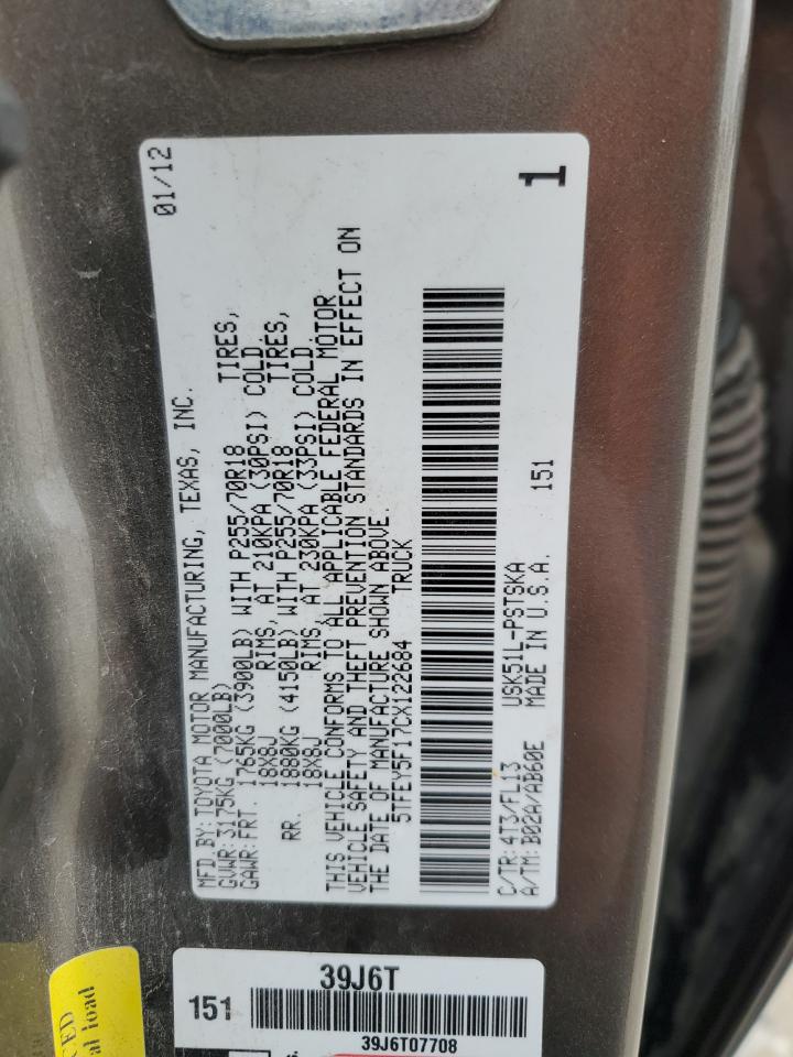 2012 Toyota Tundra VIN 5TFEY5F17CX122684 Copart auction photo, front end / side damage thumbnail 13