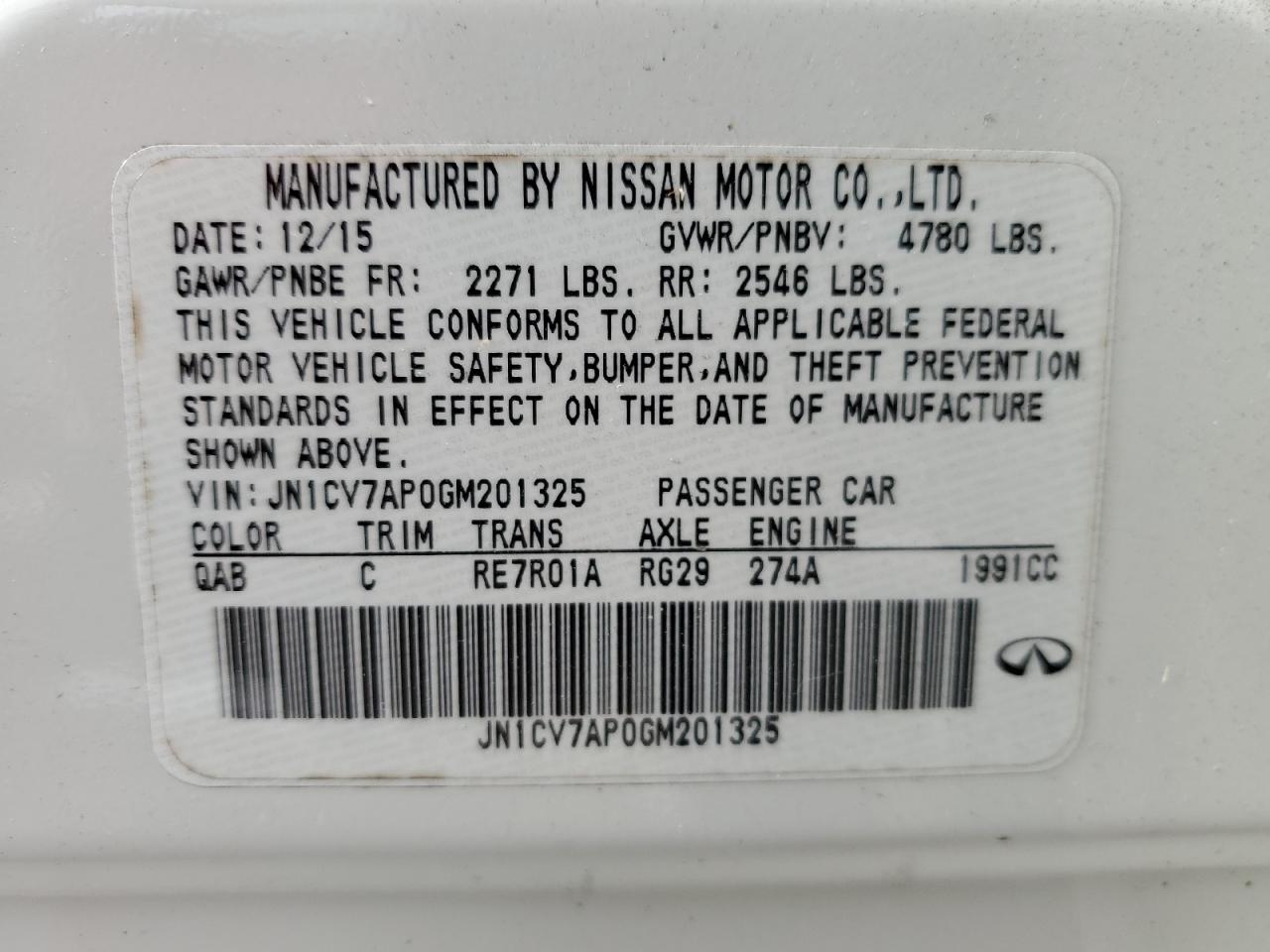 2016 Infiniti Q50 VIN JN1CV7AP0GM201325 Copart auction photo, front end / side damage thumbnail 12