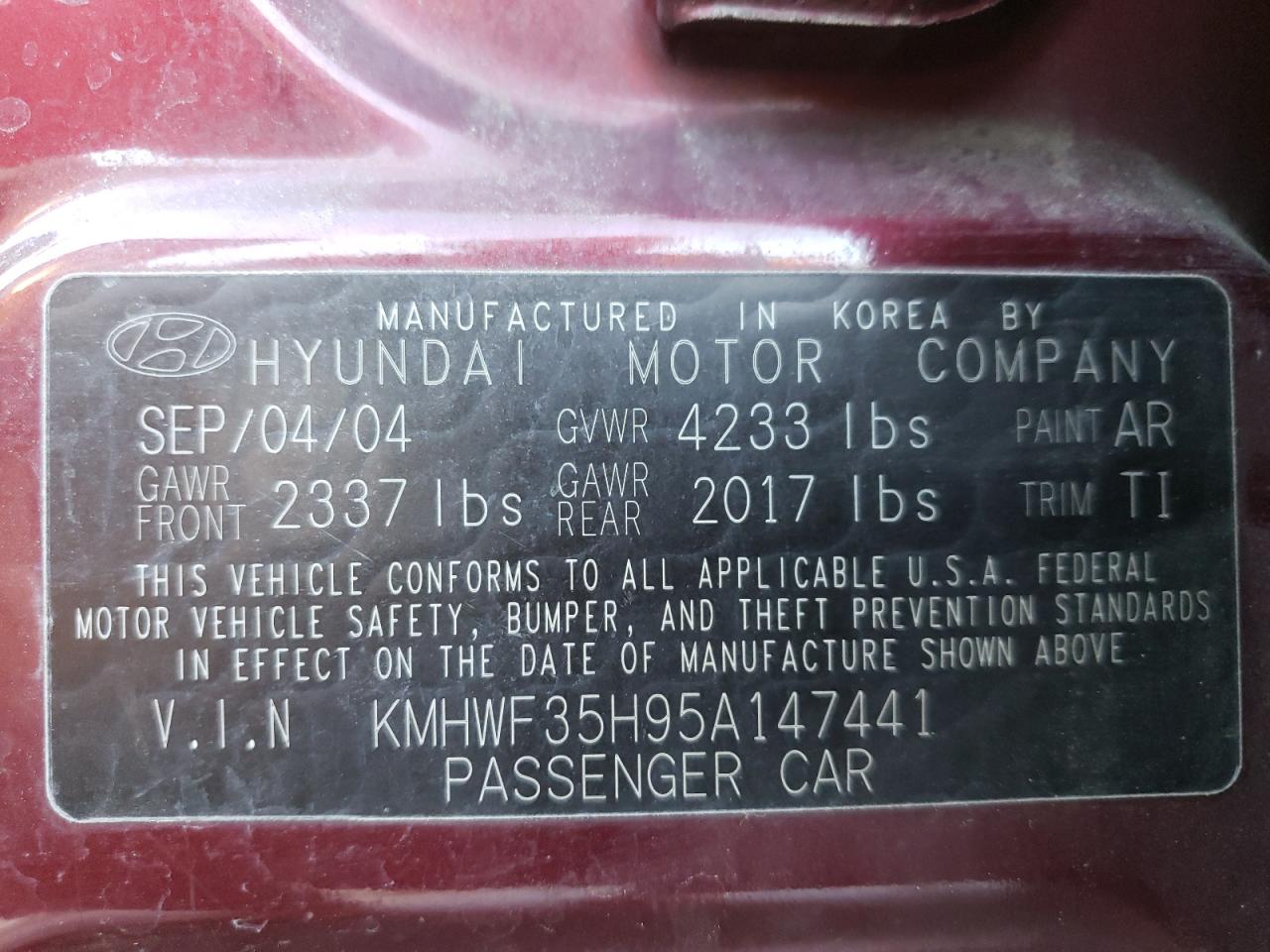 2005 Hyundai Sonata VIN KMHWF35H95A147441 Copart auction photo, rear end / hail damage thumbnail 12