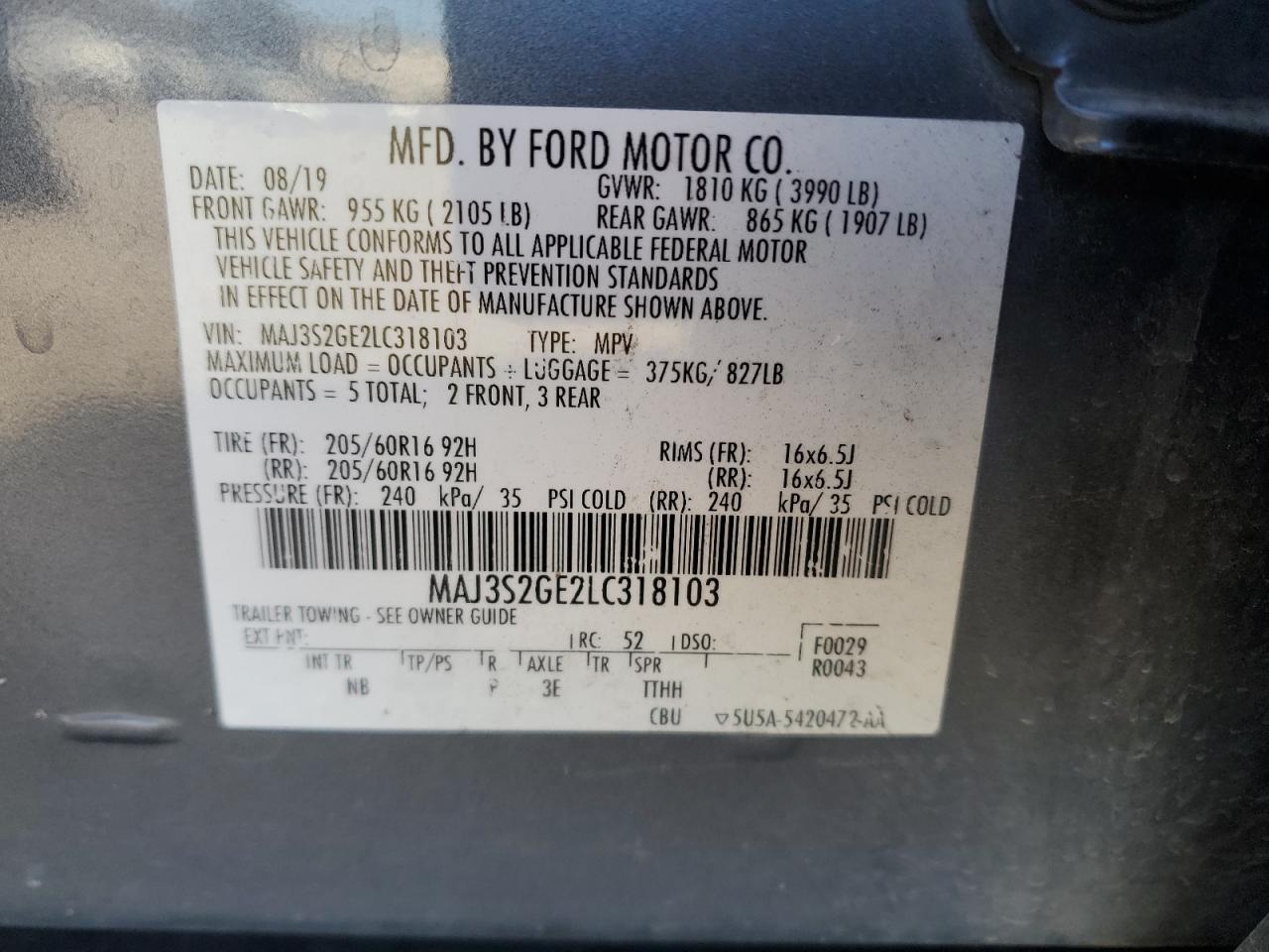 2020 Ford EcoSport VIN MAJ3S2GE2LC318103 Copart auction photo, rear end / minor dent/scratches damage thumbnail 14