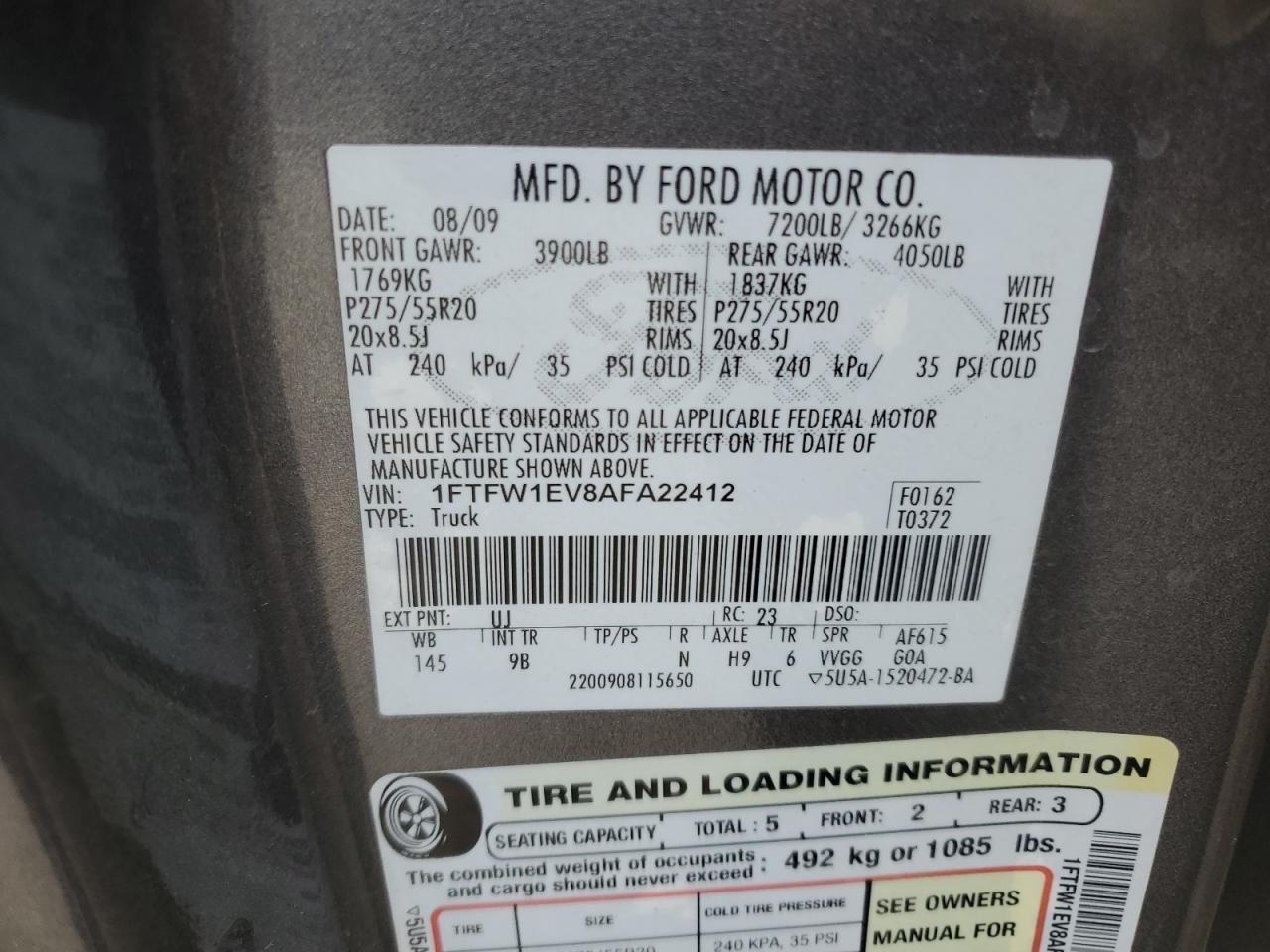 2010 Ford F-150 VIN 1FTFW1EV8AFA22412 Copart auction photo, front end / rear end damage thumbnail 12