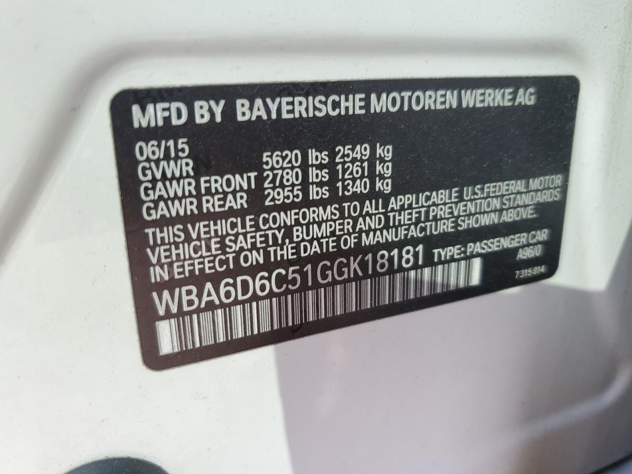 2016 BMW 6er VIN WBA6D6C51GGK18181 Copart auction photo, side / front end damage thumbnail 12