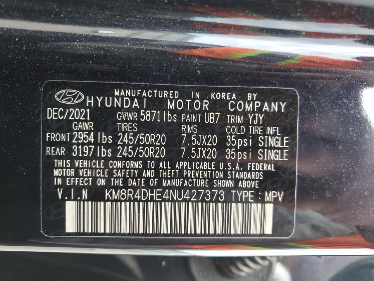 2022 Hyundai Palisade VIN KM8R4DHE4NU427373 Copart auction photo, side / undercarriage damage thumbnail 13