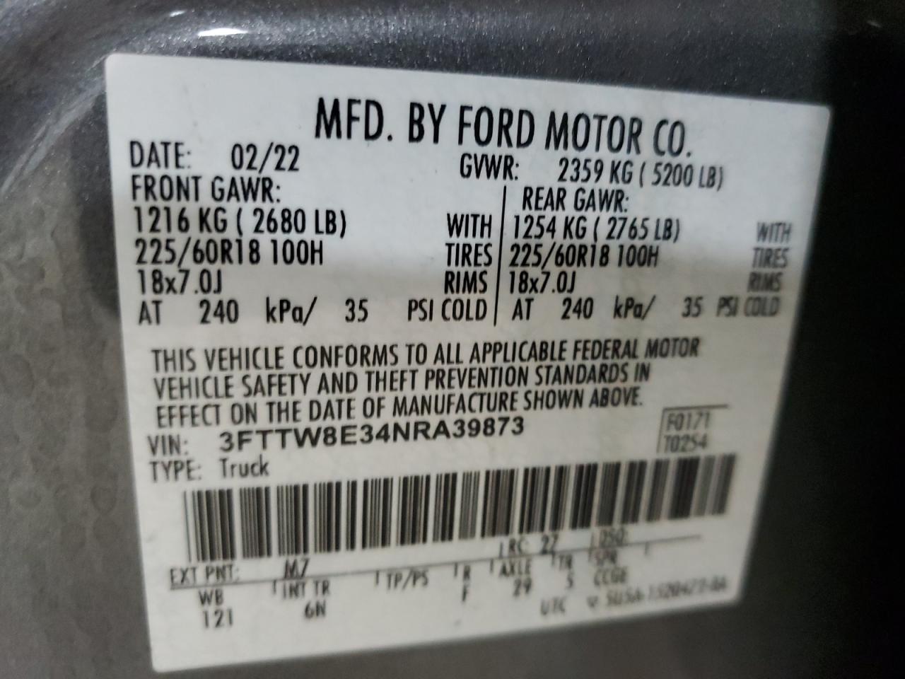 2022 Ford Maverick VIN 3FTTW8E34NRA39873 Copart auction photo, front end damage thumbnail 14