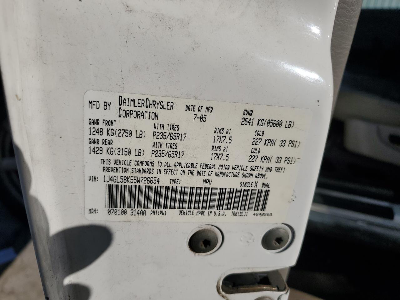 2005 Jeep Liberty (North America) VIN 1J4GL58K55W726654 Copart auction photo, front end / undercarriage damage thumbnail 13