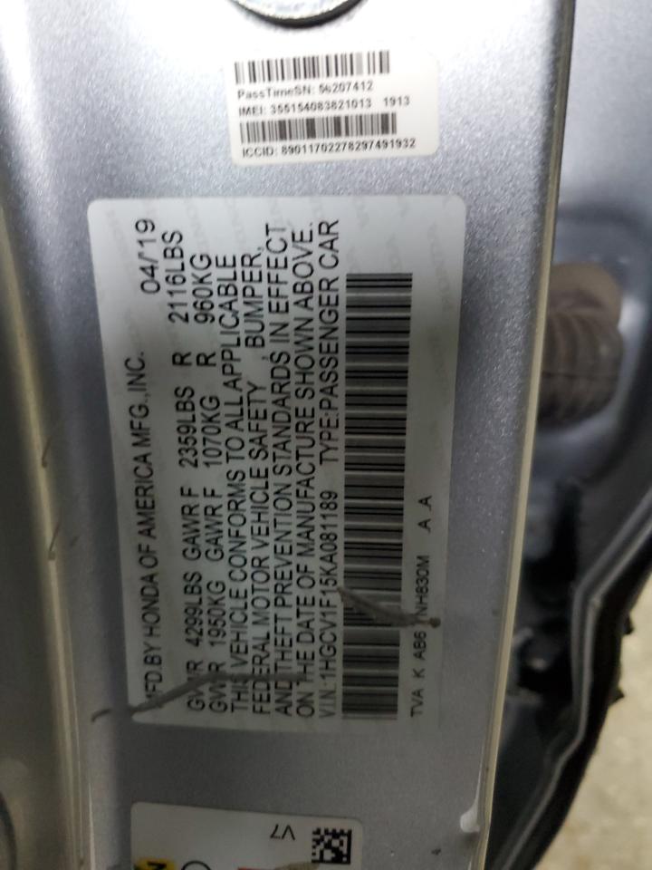 2019 Honda Accord VIN 1HGCV1F15KA081189 Copart auction photo, front end / side damage thumbnail 12