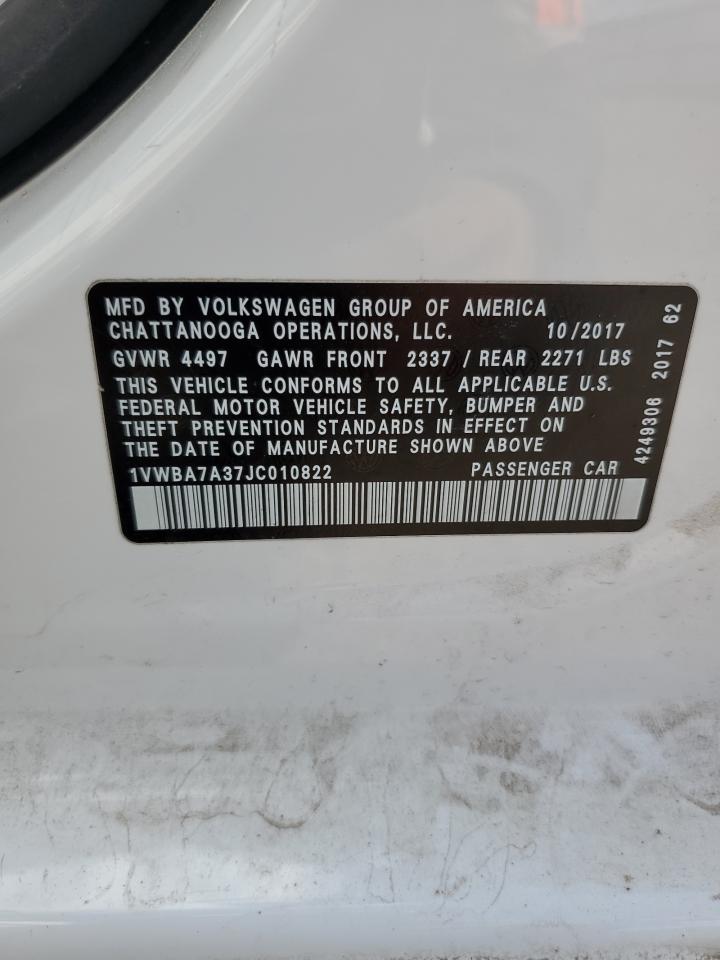 2018 Volkswagen Passat VIN 1VWBA7A37JC010822 Copart auction photo, front end / minor dent/scratches damage thumbnail 14