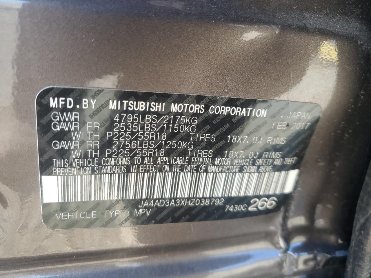 2017 Mitsubishi Outlander VIN JA4AD3A3XHZ038792 Copart auction photo, rear end / side damage thumbnail 13