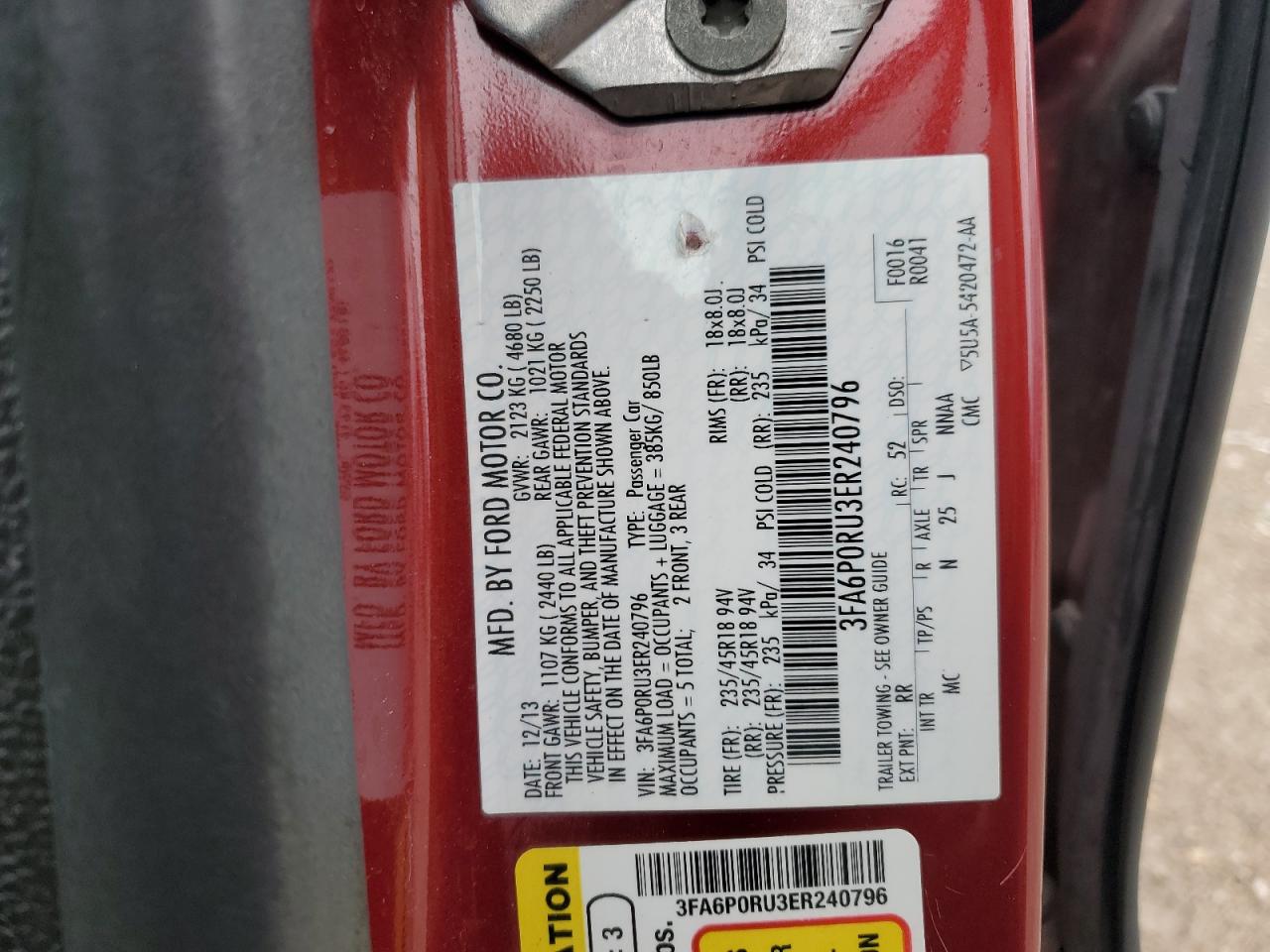 2014 Ford Fusion VIN 3FA6P0RU3ER240796 Copart auction photo, hail / mechanical damage thumbnail 12