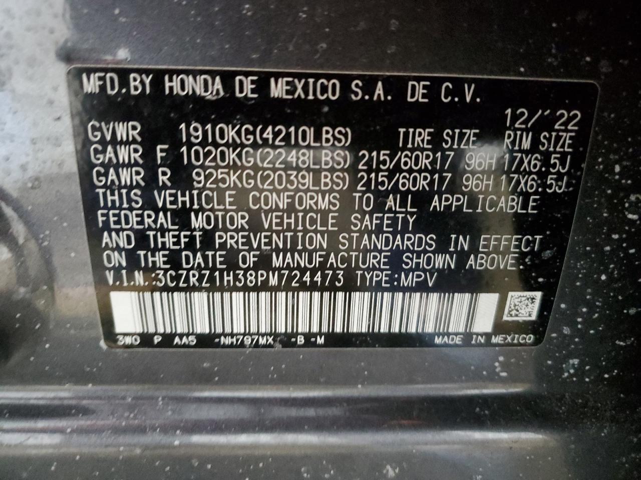 2023 Honda HR-V VIN 3CZRZ1H38PM724473 Copart auction photo, front end / undercarriage damage thumbnail 16