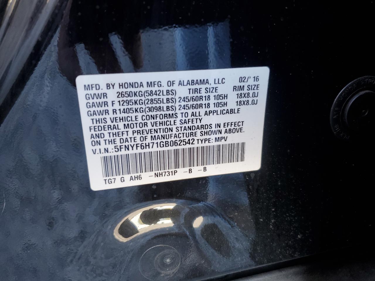 2016 Honda Pilot VIN 5FNYF6H71GB062542 Copart auction photo, burn / burn - interior damage thumbnail 13
